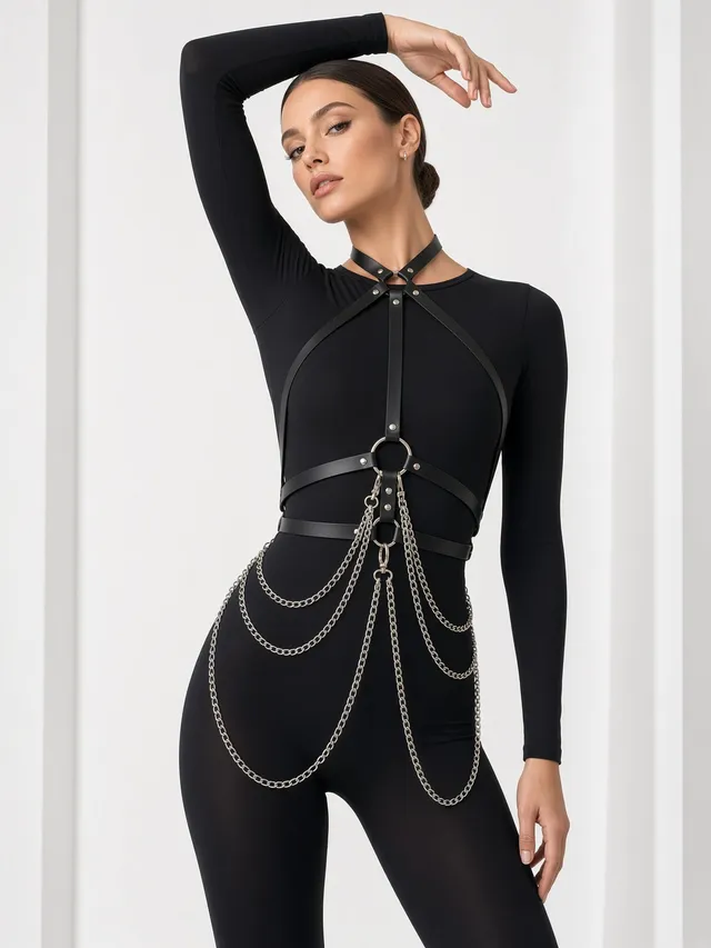 amoreze-helena-brust-harness-leder-schwarz-kette image 1