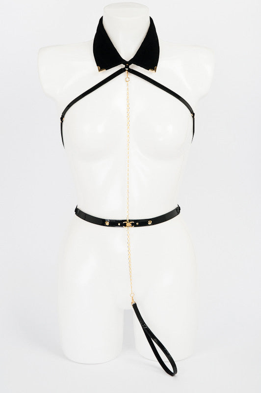 fr-ulein-kink-noir-collar-harness-samt-mit-kette image 1